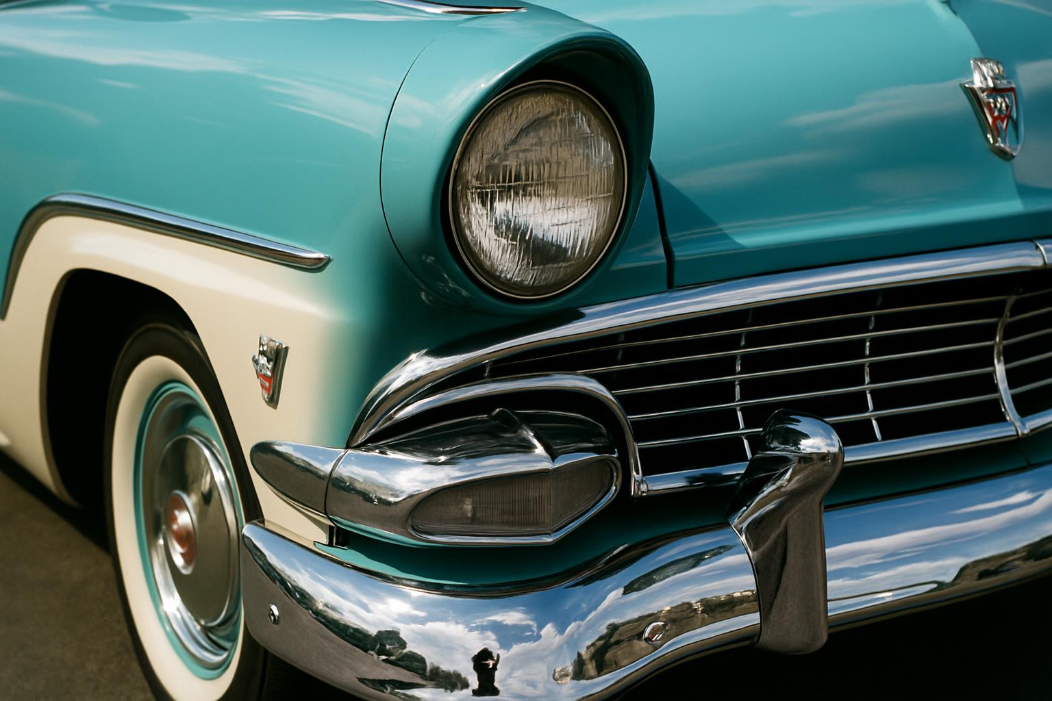 Dettaglio frontale di un’auto storica anni ’50 color turchese, simbolo della cultura automobilistica d’epoca vissuta sulle strade.
